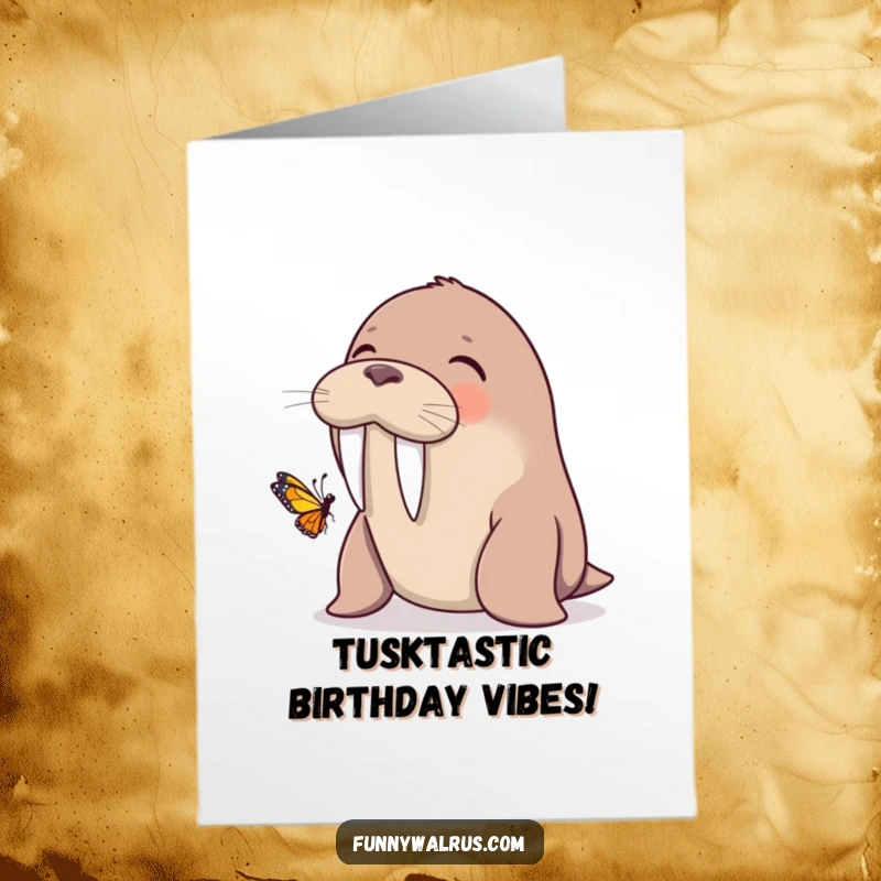 Funny Free Printable Birthday Card: A large walrus giggles as a small butterfly lands gently on its tusk.