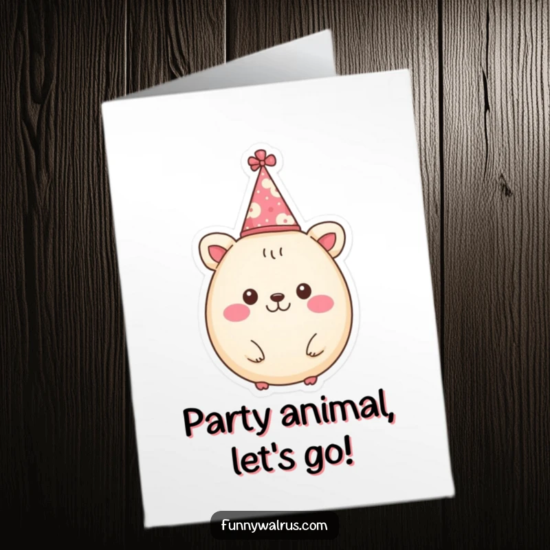 Funny Free Printable Birthday Card: A cheerful, round animal character joyfully wearing a tiny party hat, ready to celebrate.