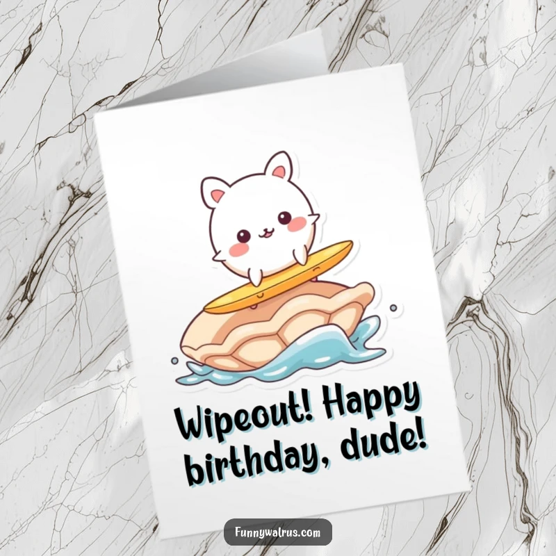 Funny Free Printable Birthday Card: A wobbly, round animal character hilariously trying to surf on a giant clam.