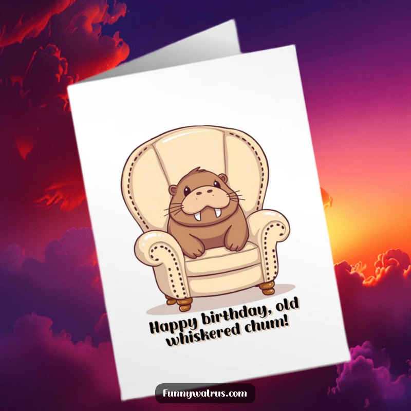 Funny Free Printable Birthday Card: A walrus peeks out from a comfy armchair, beaming with delight.