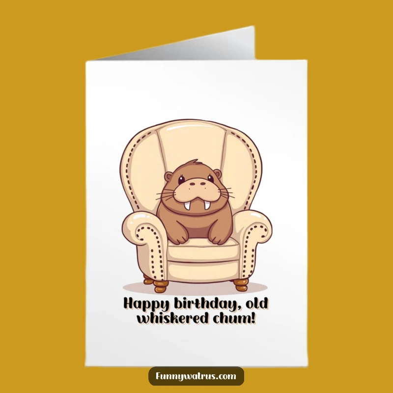 Free Printable Birthday Card: Delighted Walrus in Armchair, Funny Downloadable Gift