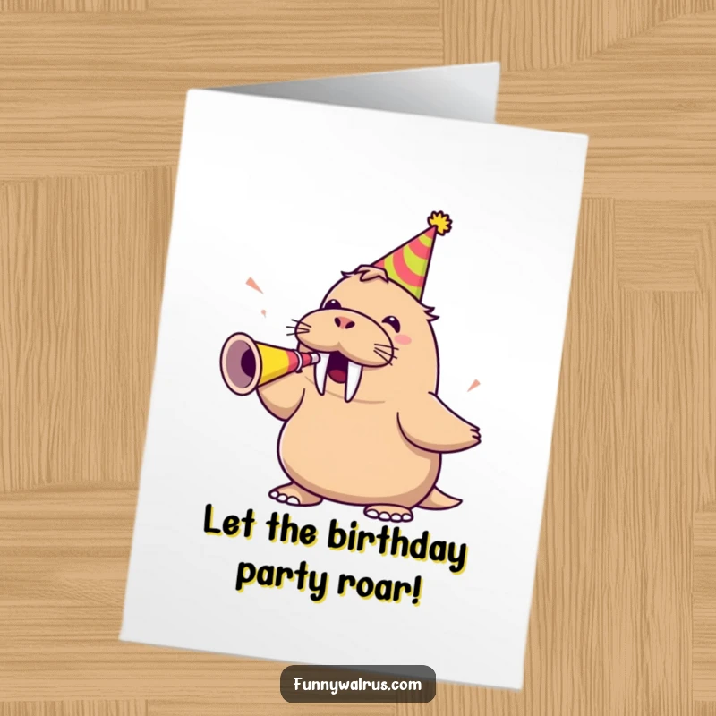 Funny Free Printable Birthday Card: A walrus in a party hat enthusiastically blows a party horn.