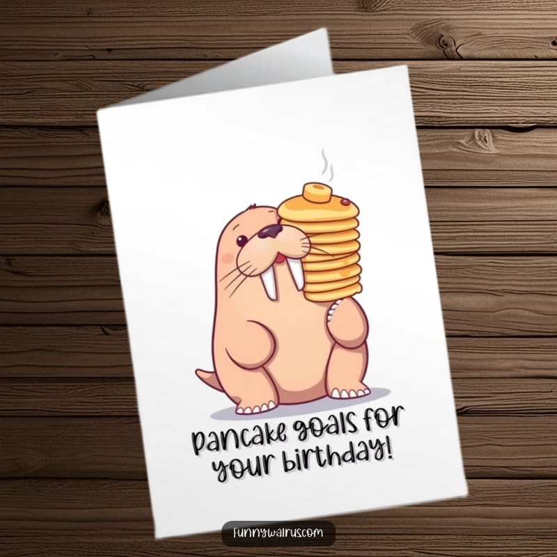 Funny Free Printable Birthday Card: A walrus precariously balances a tall stack of pancakes on its nose.