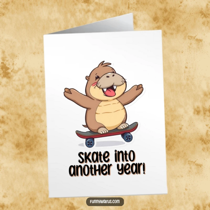 Funny Free Printable Birthday Card: A happy walrus cruising with extreme joy on a tiny, colorful skateboard, looking very cool.