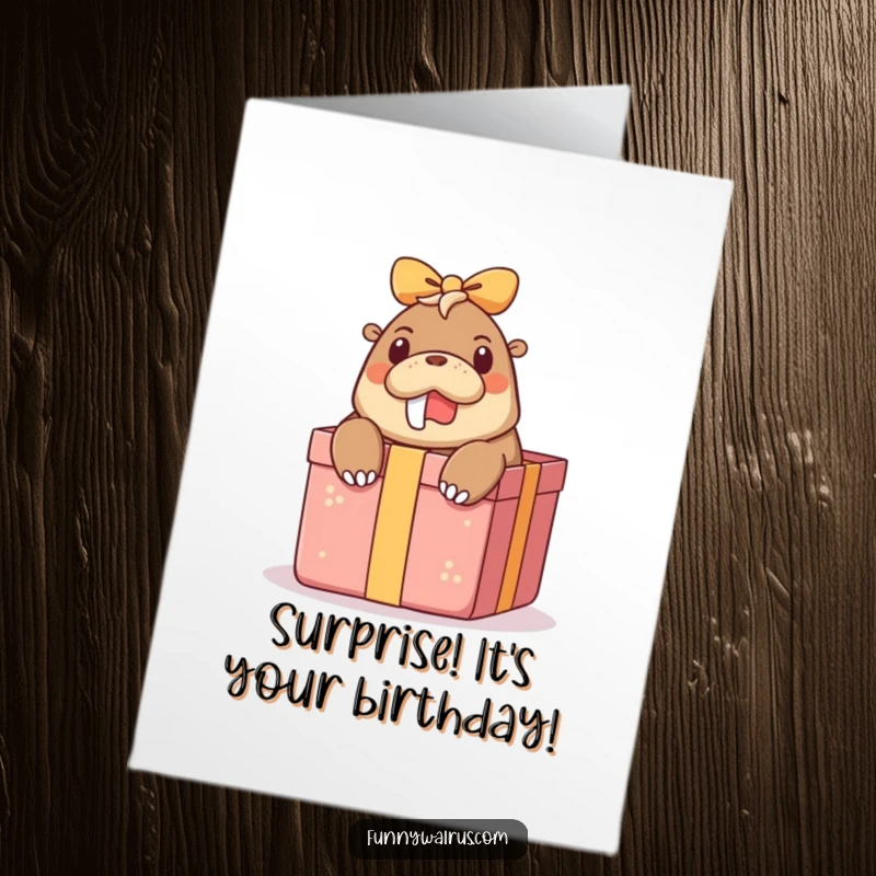 Funny Free Printable Birthday Card: A walrus peeks out in surprise from a large, festive gift box.