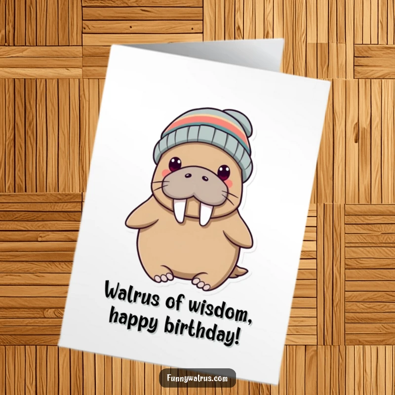 Funny Free Printable Birthday Card: Silly walrus with a propeller beanie, ready to celebrate with you.