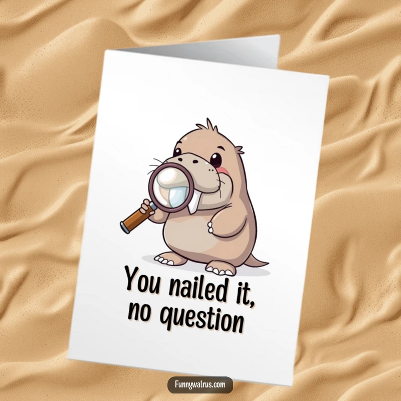 Funny Free Printable Congratulations Card: A curious walrus uses a giant magnifying glass to inspect something wonderful.