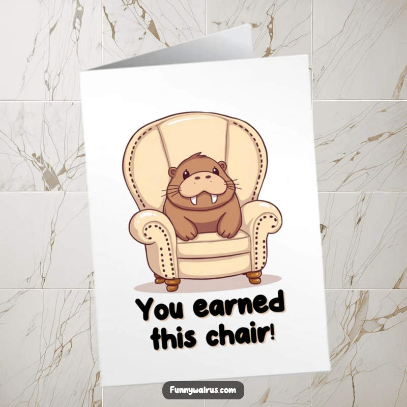 Funny Free Printable Congratulations Card: A happy walrus peeks over the edge of an overstuffed armchair with pure delight.