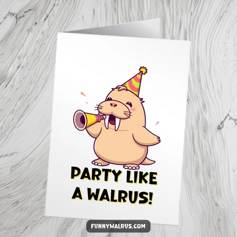 Funny Free Printable Congrats Card: A walrus wearing a party hat blowing a party horn with great gusto.