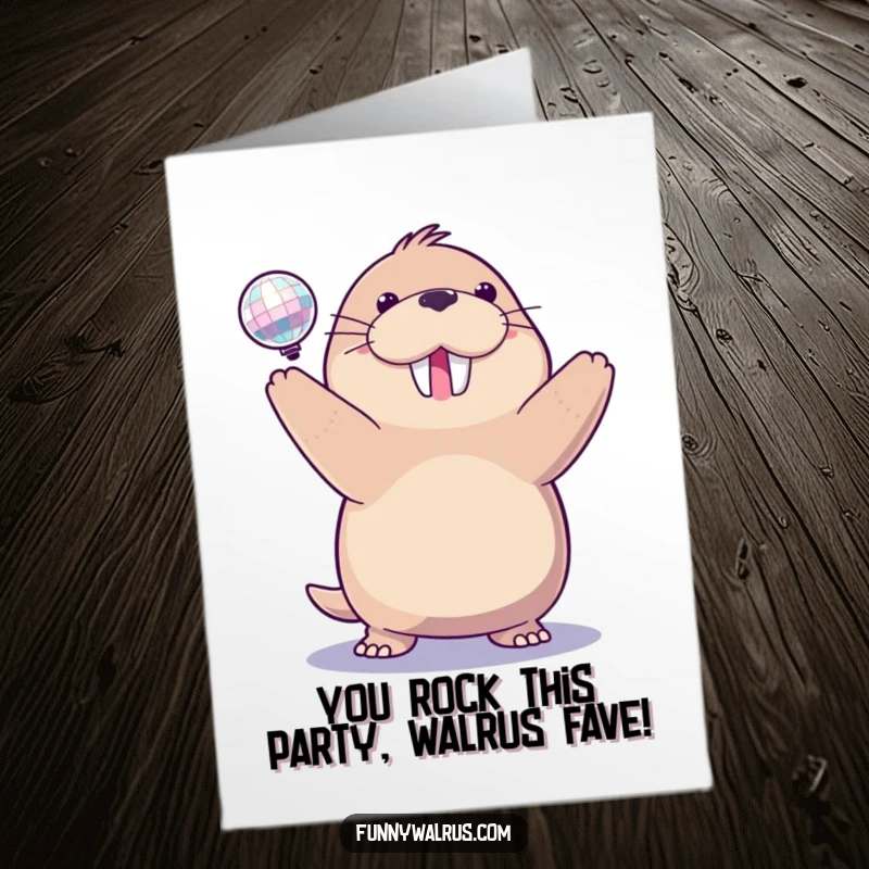 Funny Free Printable Congratulations Card: A delighted walrus spins a sparkling disco ball, celebrating good news.