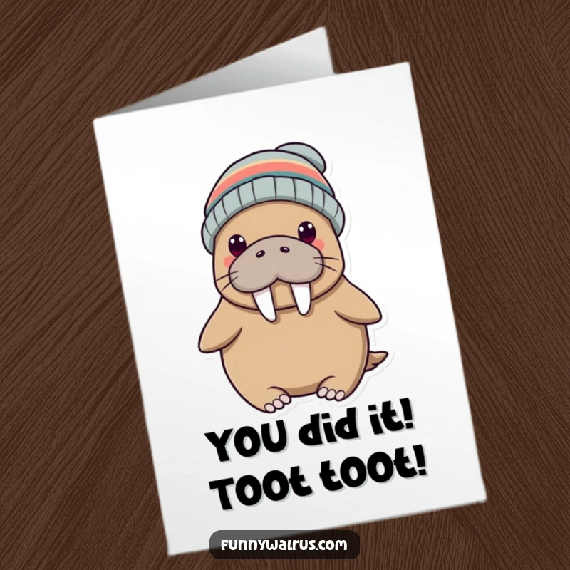 Funny Free Printable Congratulations Card: A silly walrus wearing a propeller beanie, enthusiastically cheering.