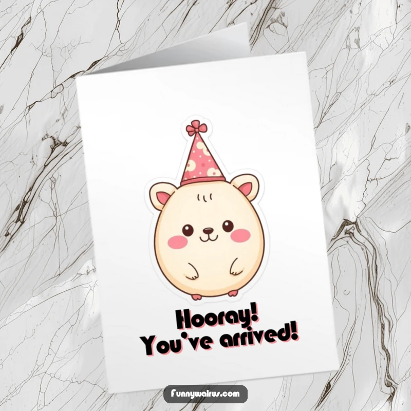 Funny Free Printable Congrats Card: A cheerful, round animal character in a tiny party hat celebrating a big win.