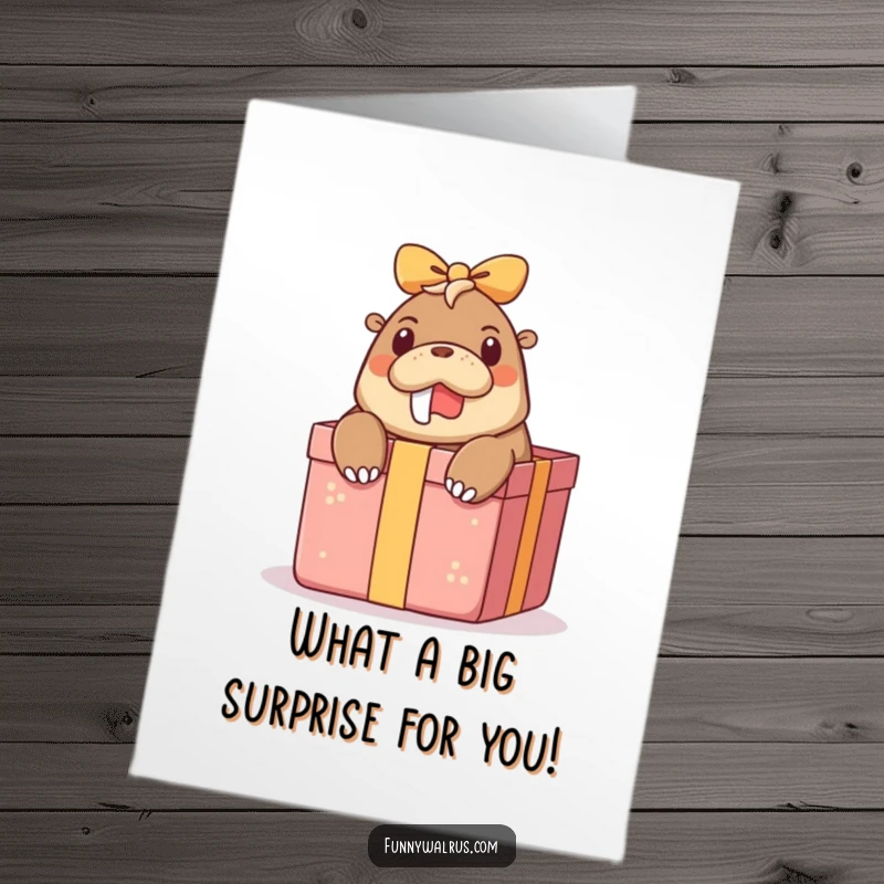 Funny Free Printable Congratulations Card: A walrus emerges from a gift box, eyes wide with surprise, perfect for celebrations.