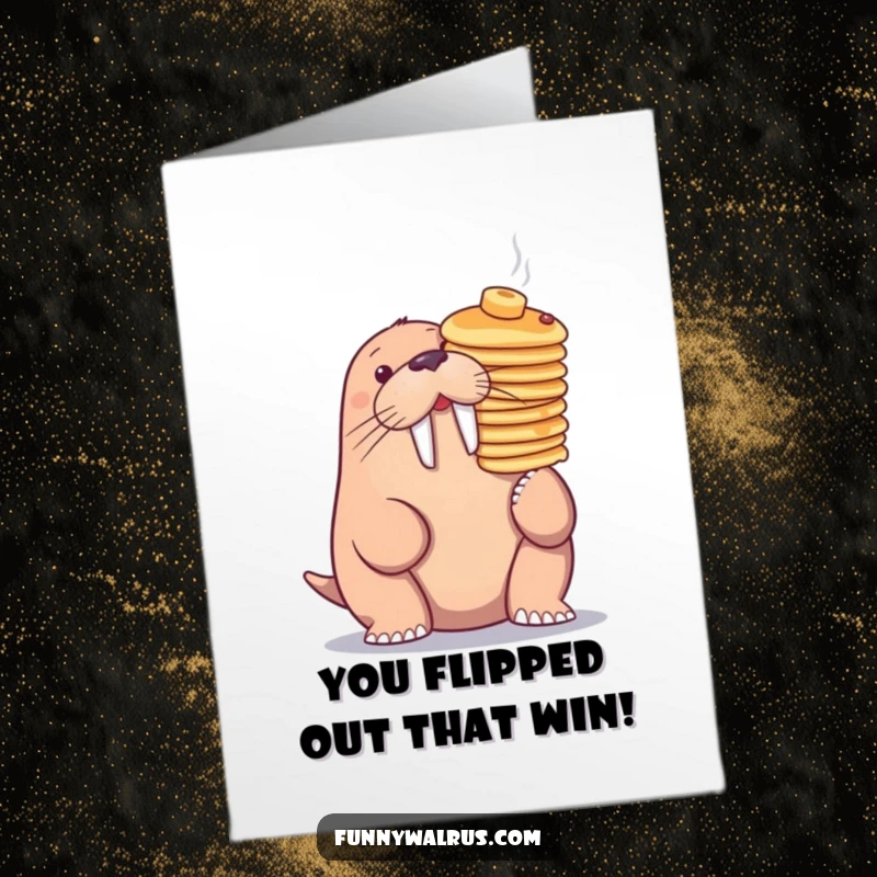 Funny Free Printable Congrats Card: A walrus attempting to balance a stack of pancakes on its nose.