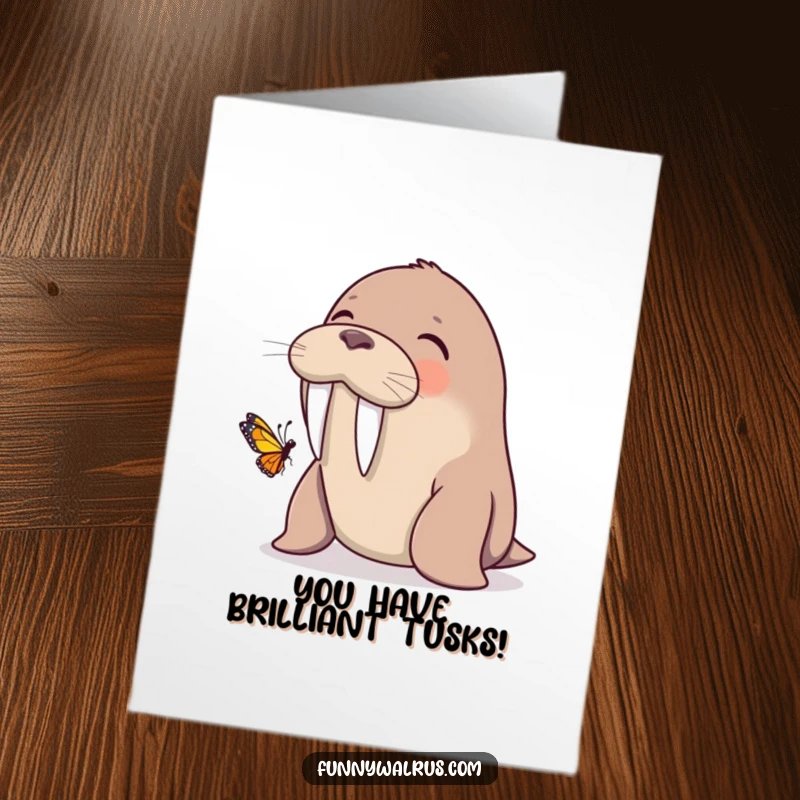 Funny Free Printable Congrats Card: A walrus giggling as a tiny butterfly lands on its tusk.
