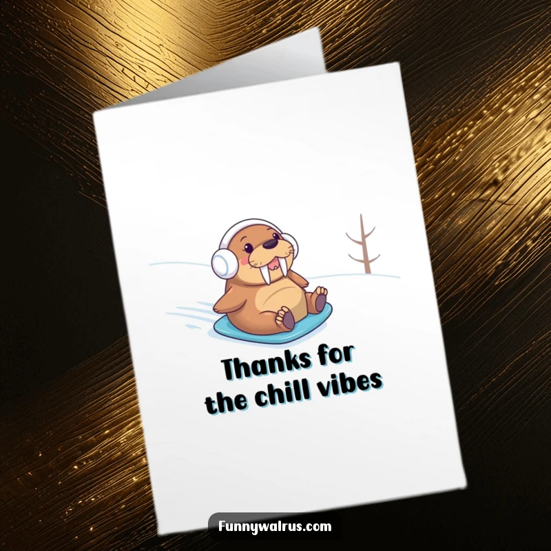 Funny Free Printable Thank You Card: Cheerful walrus in earmuffs snowboarding down a snowy hill.