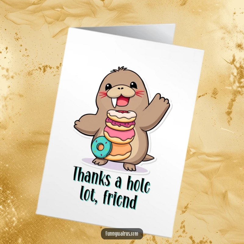 Funny Free Printable Thank You Card: A gleeful walrus struggling to keep a stack of colorful donuts balanced, ready to thank you.