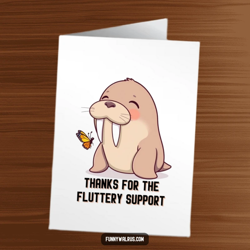 Funny Free Printable Thank You Card: A walrus giggling heartily as a tiny butterfly lands on its tusk.