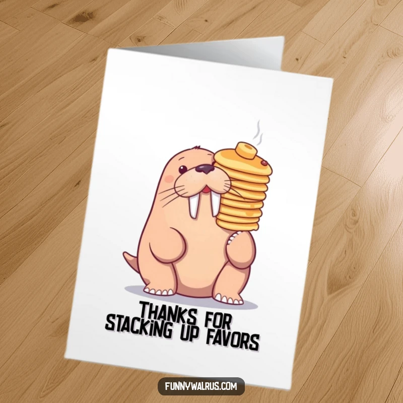 Funny Free Printable Thank You Card: A walrus tries to balance a stack of pancakes on its nose.