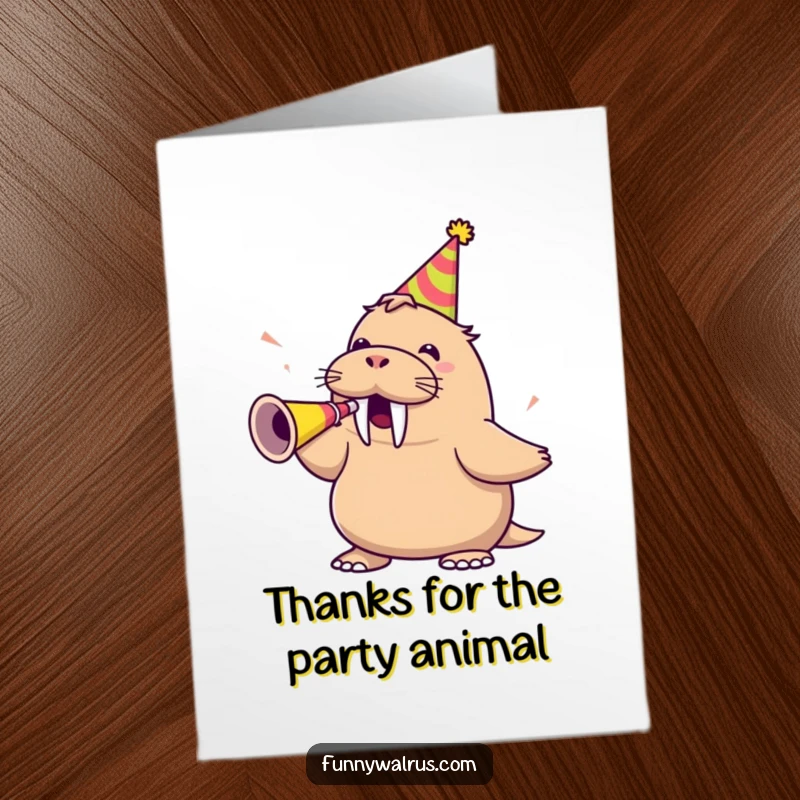 Funny Free Printable Thank You Card: A walrus in a party hat loudly blows a party horn.