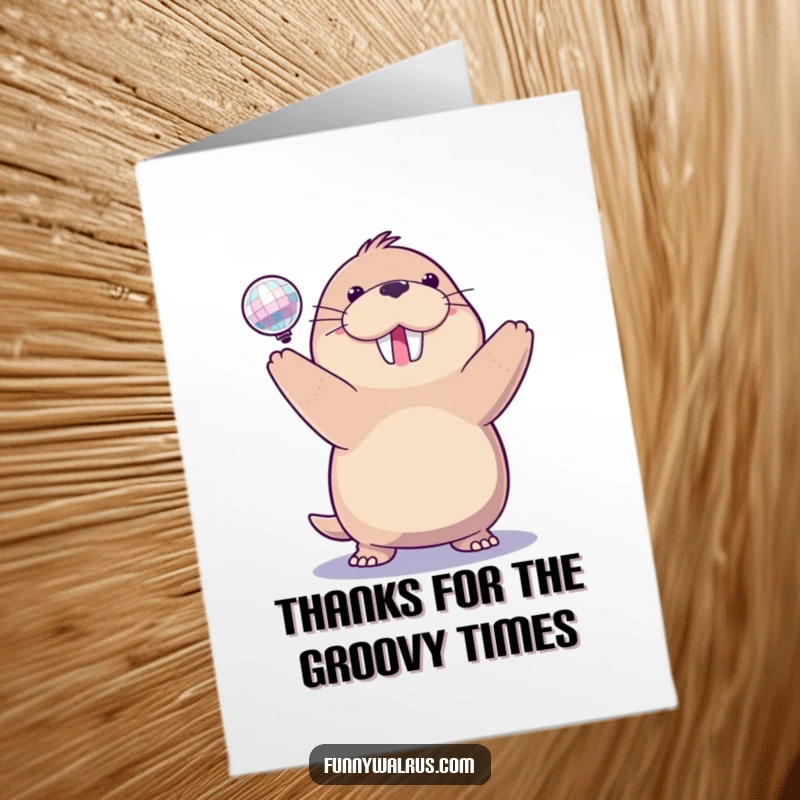 Funny Free Printable Thank You Card: A delighted walrus spins a sparkling disco ball, sending thanks your way.