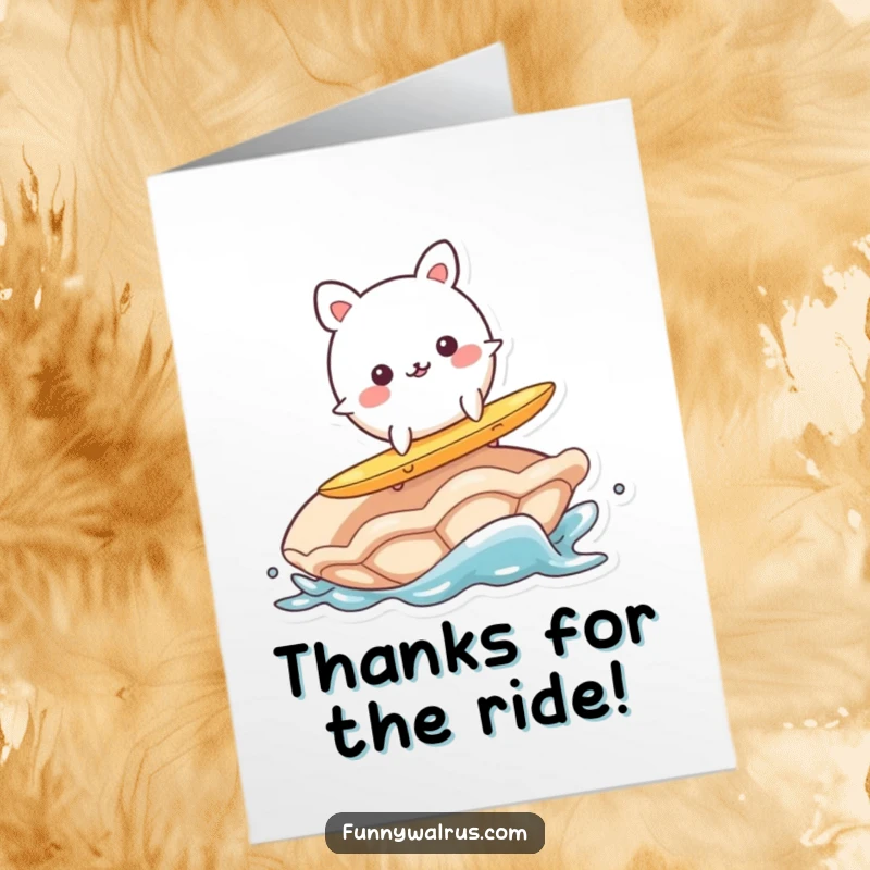 Funny Free Printable Thank You Card: A wobbly, round animal character surfing a clam, expressing thanks humorously.