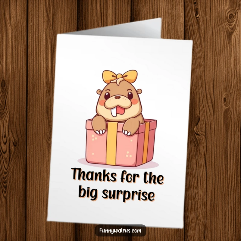 Funny Free Printable Thank You Card: A surprised walrus pops out of a gift box, offering thanks.