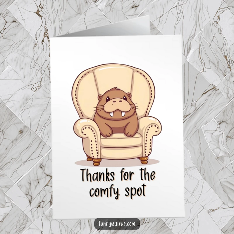 Funny Free Printable Thank You Card: A walrus peeks out from a plush armchair, wearing a delightful smile.