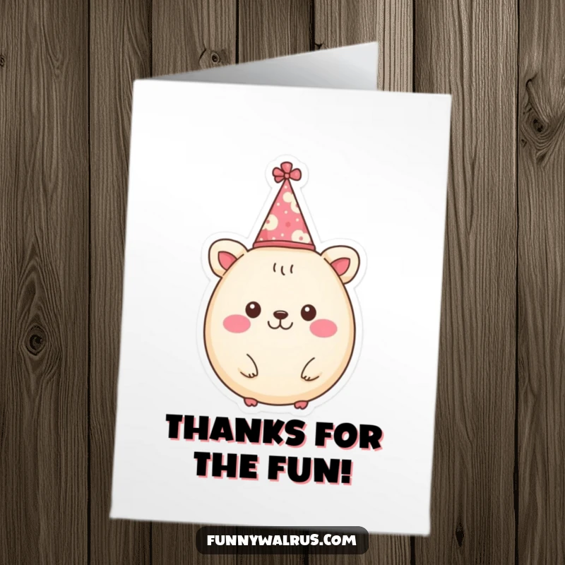 Funny Free Printable Thank You Card: A cheerful, round animal character wearing a tiny party hat, expressing thanks.