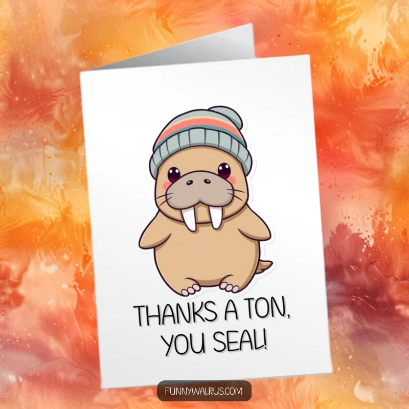 Funny Free Printable Thank You Card: A silly walrus with a propeller beanie giving a thumbs up.