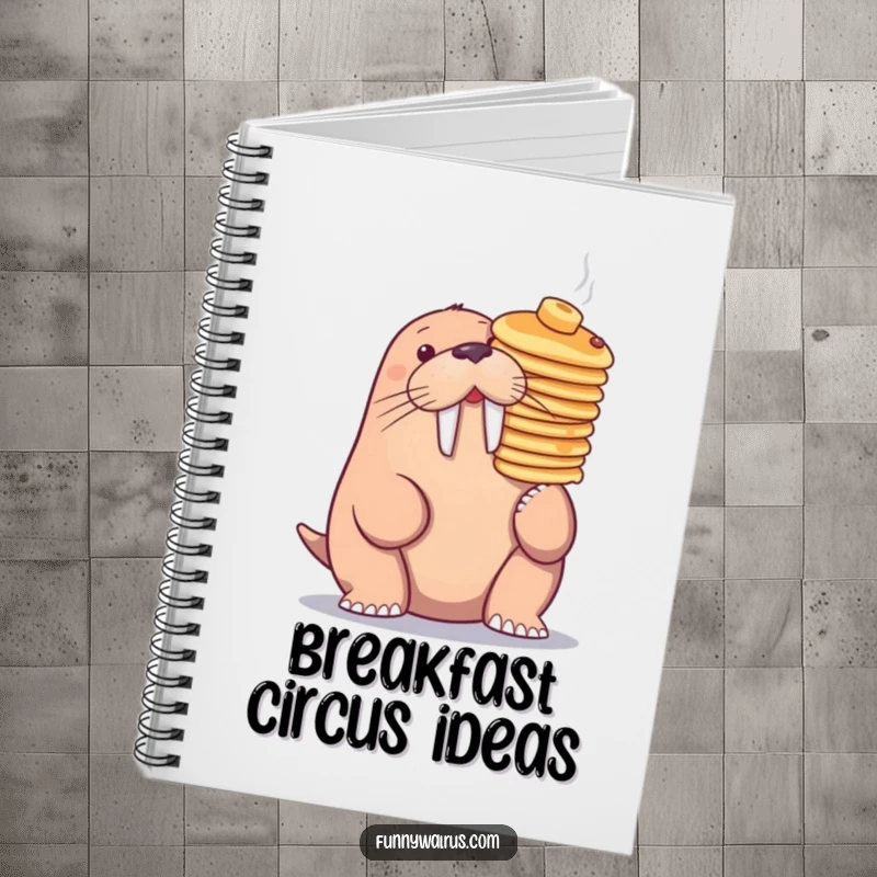 Funny walrus balancing pancakes on its nose, on a notebook cover, inspiring humorous recipes and notes.