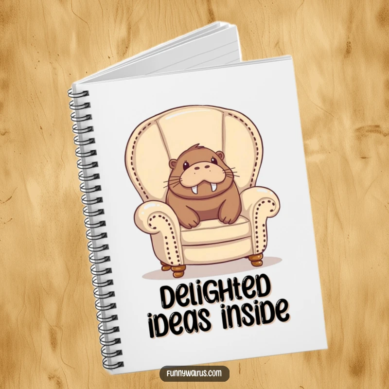 Funny walrus notebook, a walrus peeking out from an overstuffed armchair with a delighted expression, perfect for notes.