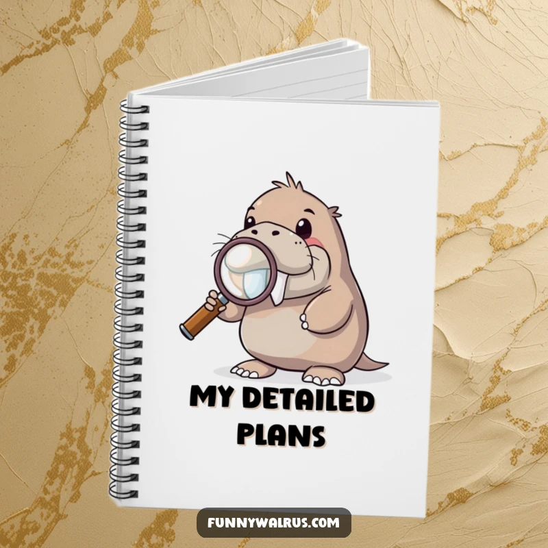 Funny curious walrus notebook with a walrus holding a giant magnifying glass, looking intently, ideal for writing and planning.