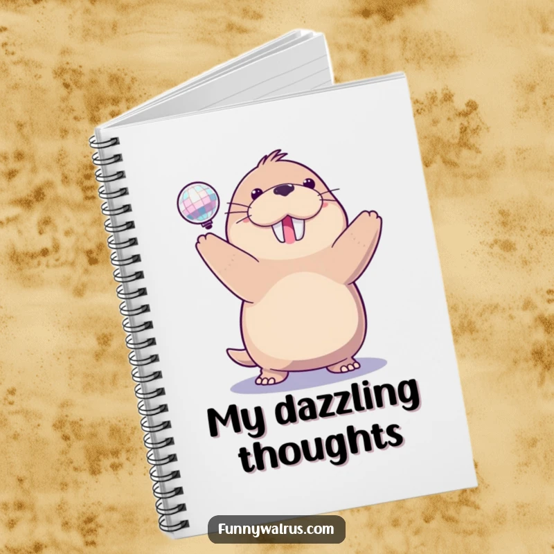 Funny disco walrus notebook with a delighted walrus spinning a sparkling disco ball, ideal for writing and sketching party ideas.