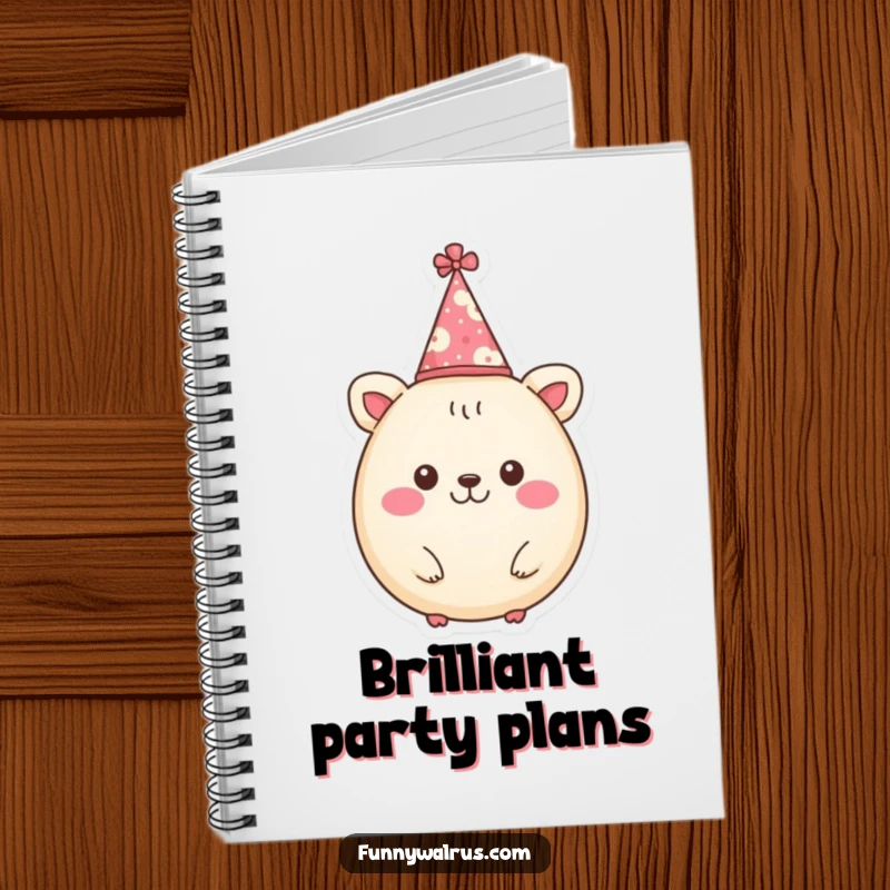 Funny notebook cover with a cheerful, round animal character wearing a party hat, perfect for jotting down festive plans.