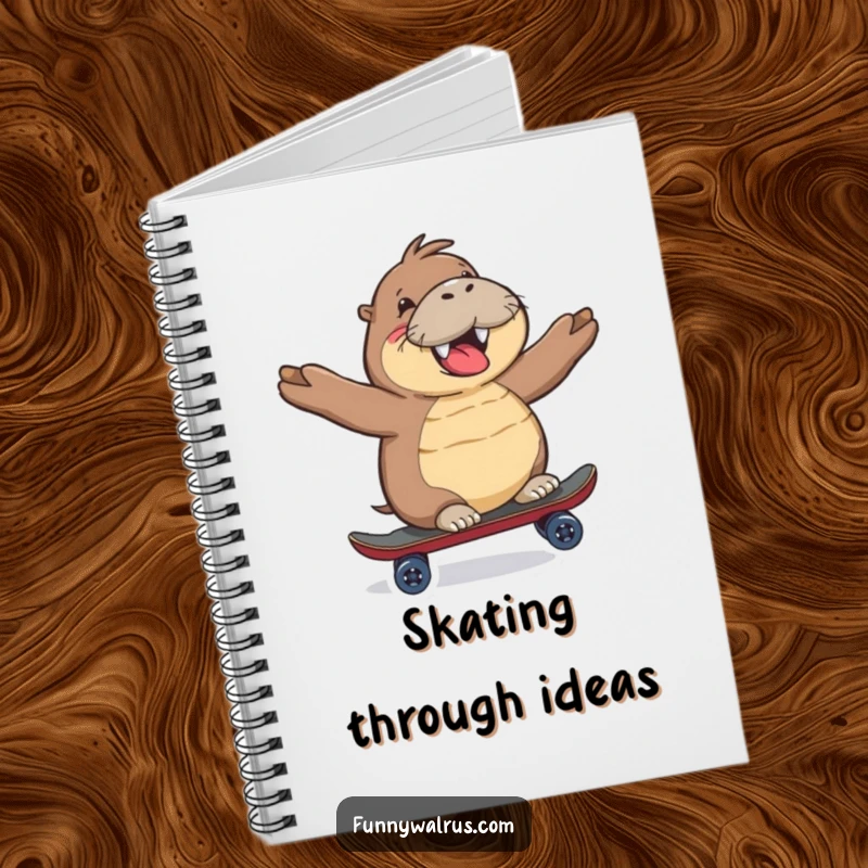 Funny Walrus Notebook with a happy walrus character gleefully riding a miniature skateboard, ideal for jotting down ideas.