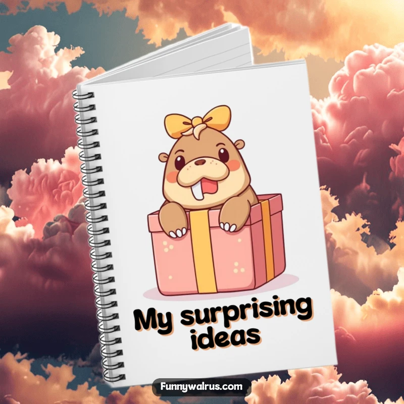 Funny surprise walrus notebook with a walrus peeking out of a gift box, ideal for writing down notes and brainstorming.