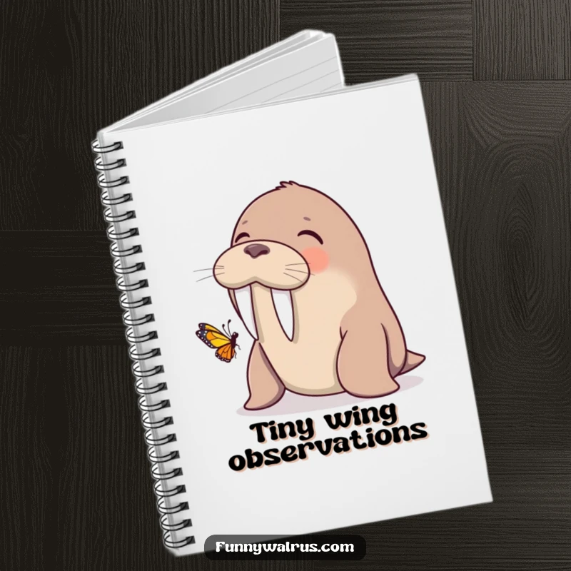 Funny walrus giggling with a butterfly on its tusk, on a notebook cover, encouraging humorous writing and creative thoughts.