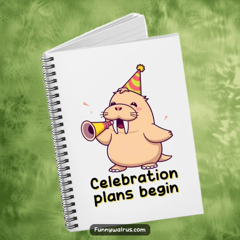 Funny walrus wearing a party hat and blowing a party horn, on a notebook cover, inspiring humorous party plans.