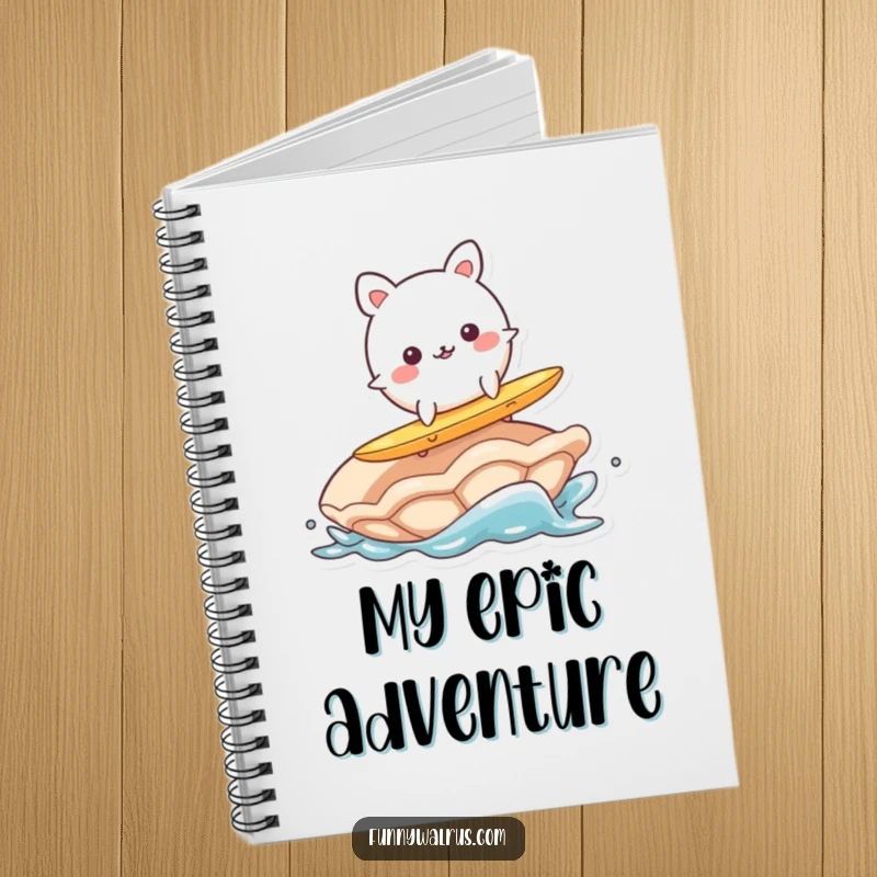 Funny notebook cover with a wobbly, round animal character surfing on a clam, inspiring creative and humorous notes.
