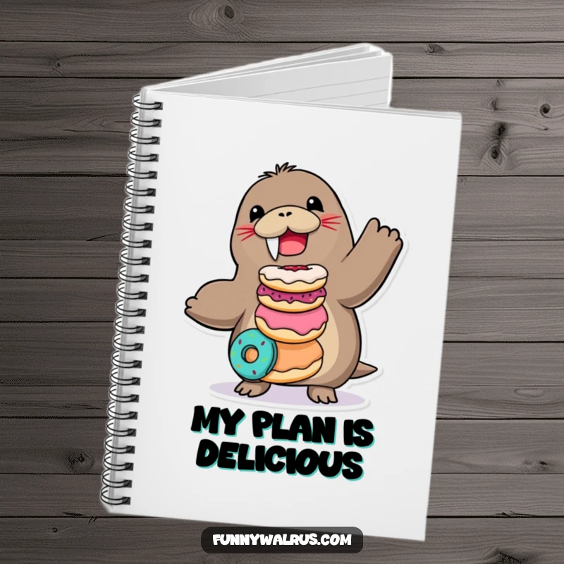 Funny Walrus Notebook with a joyful walrus character balancing a stack of donuts, ideal for jotting down ideas.
