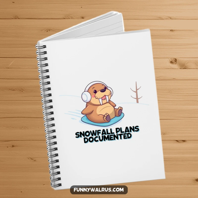 Funny walrus wearing earmuffs sliding on snow, on a notebook cover, inspiring humorous notes and creative writing.