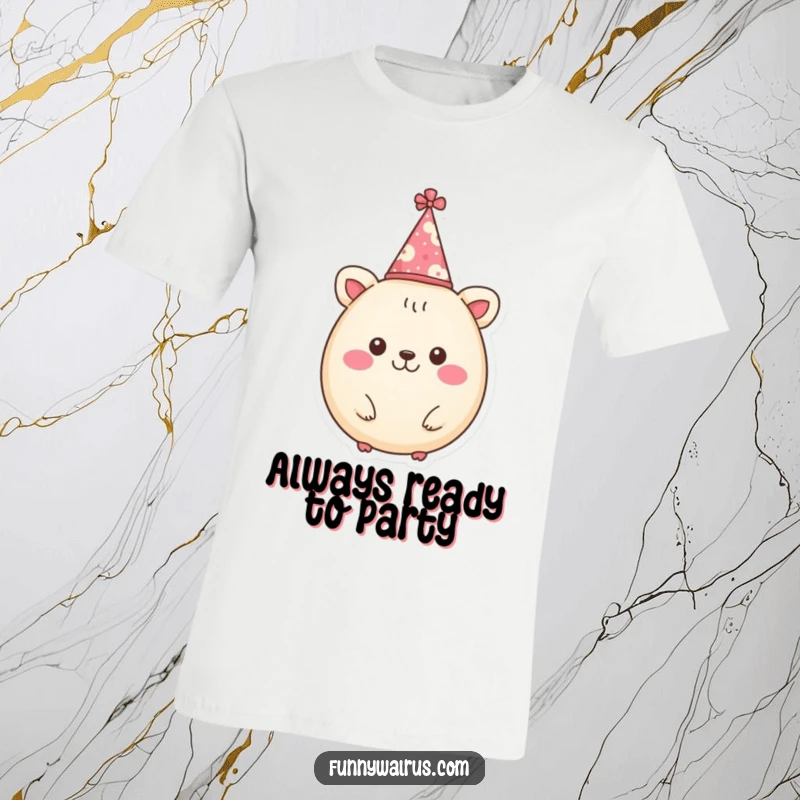 Funny T-shirt showcasing a cheerful, round animal character wearing a tiny, colorful party hat, embodying pure festive spirit.