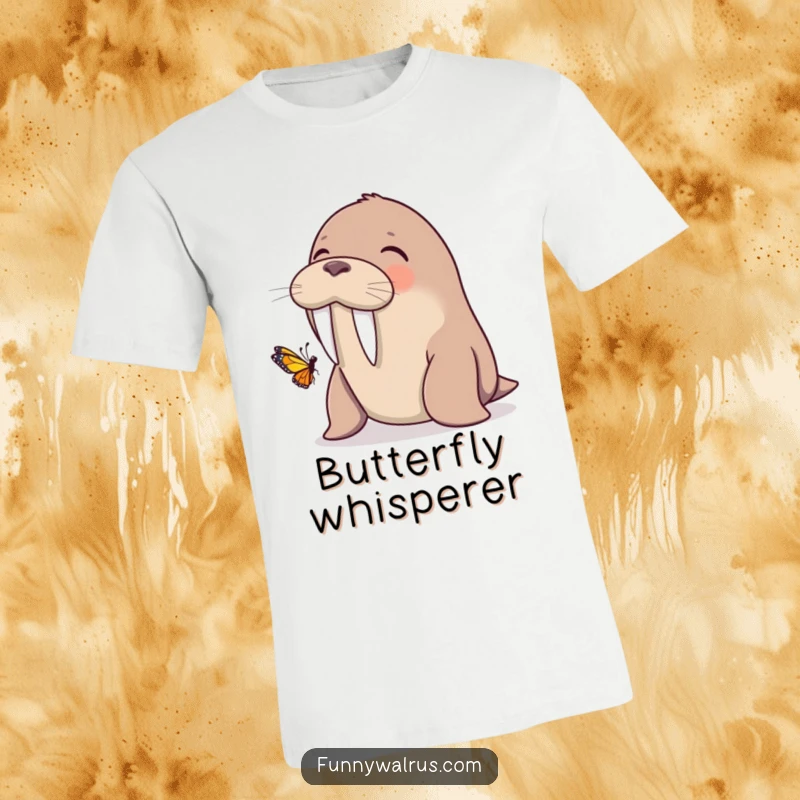 Funny walrus giggling with delight as a small butterfly perches on its tusk, featured on a humorous t-shirt.