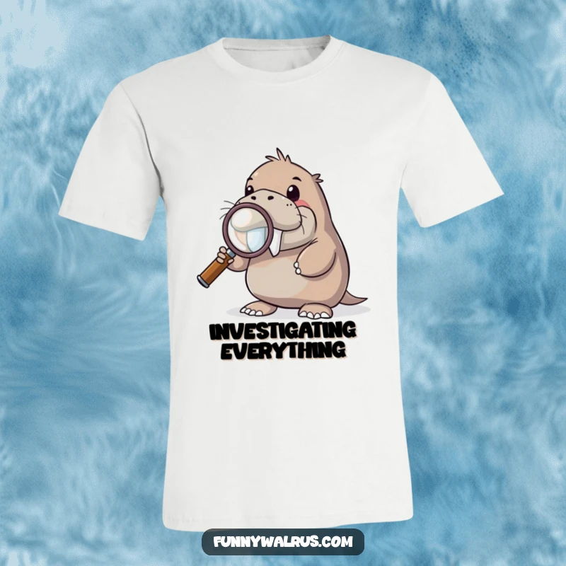 Funny curious walrus t-shirt with a walrus holding a giant magnifying glass, peering closely, showcasing a humorous investigative spirit.