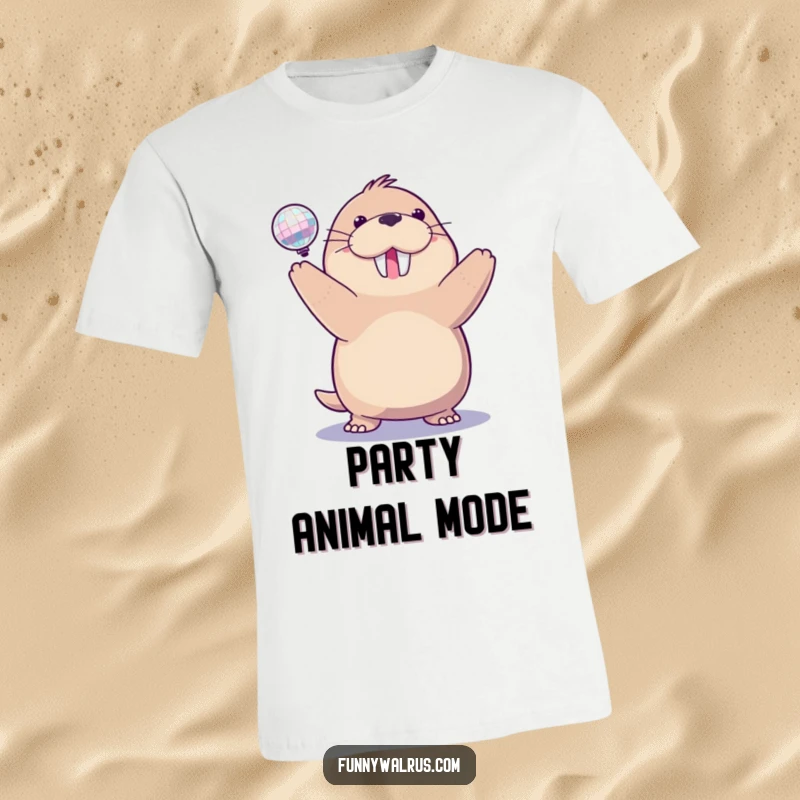 Funny disco walrus t-shirt with a delighted walrus spinning a sparkling disco ball, radiating pure joy and dance floor energy.
