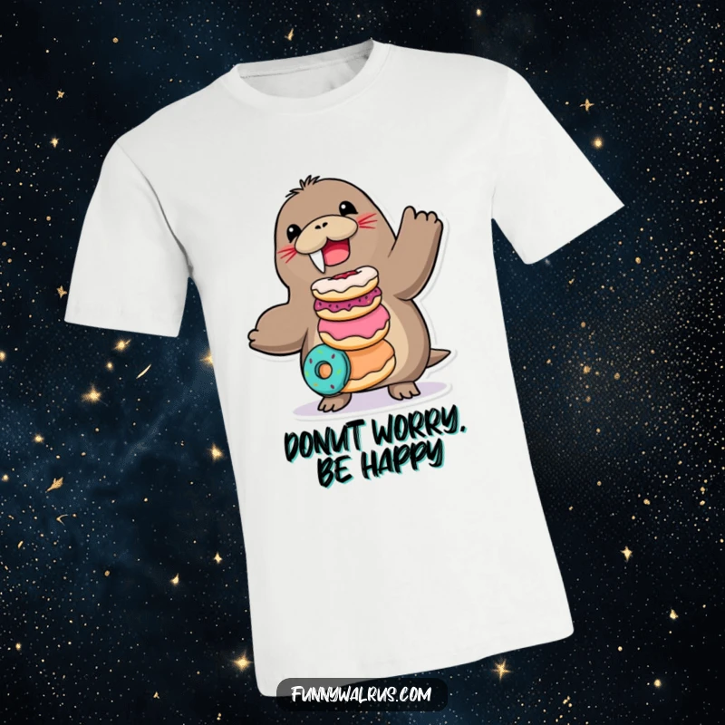 Funny Walrus T-Shirt featuring a joyful walrus character balancing a precarious stack of colorful donuts, looking happy.