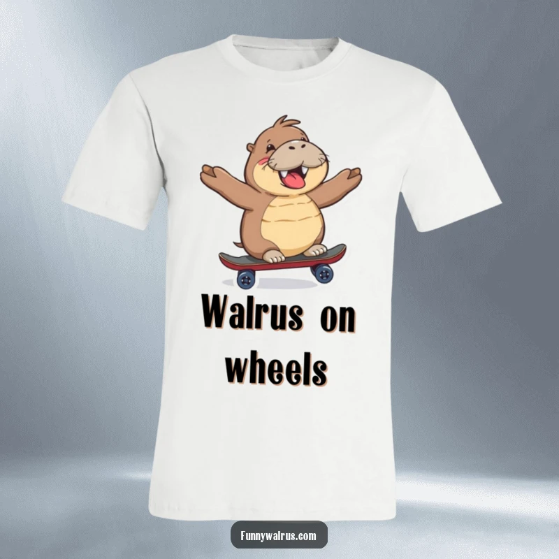 Funny Walrus T-Shirt featuring a happy walrus character gleefully riding a miniature skateboard, exuding cool vibes.