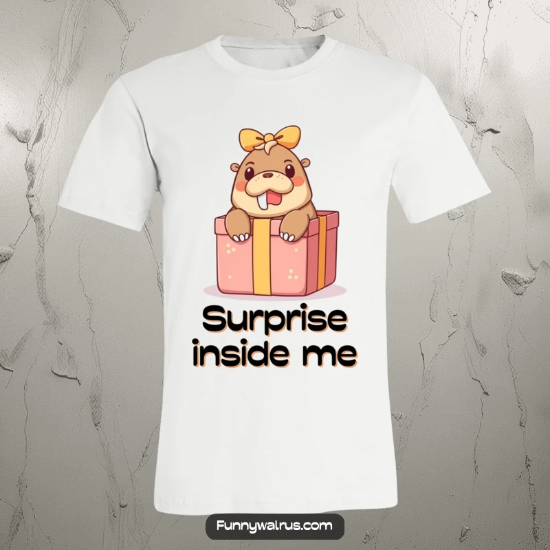 Funny surprise walrus t-shirt with a walrus peeking out of a large gift box, adorably startled and ready to amuse.