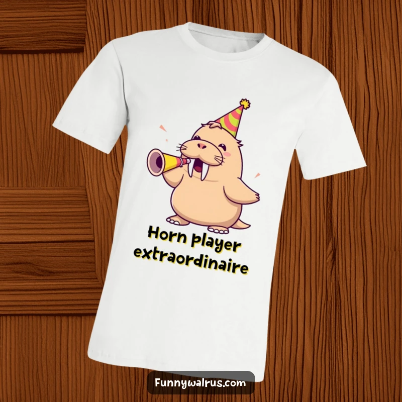Funny walrus in a party hat blowing a party horn with immense excitement, featured on a fun t-shirt.